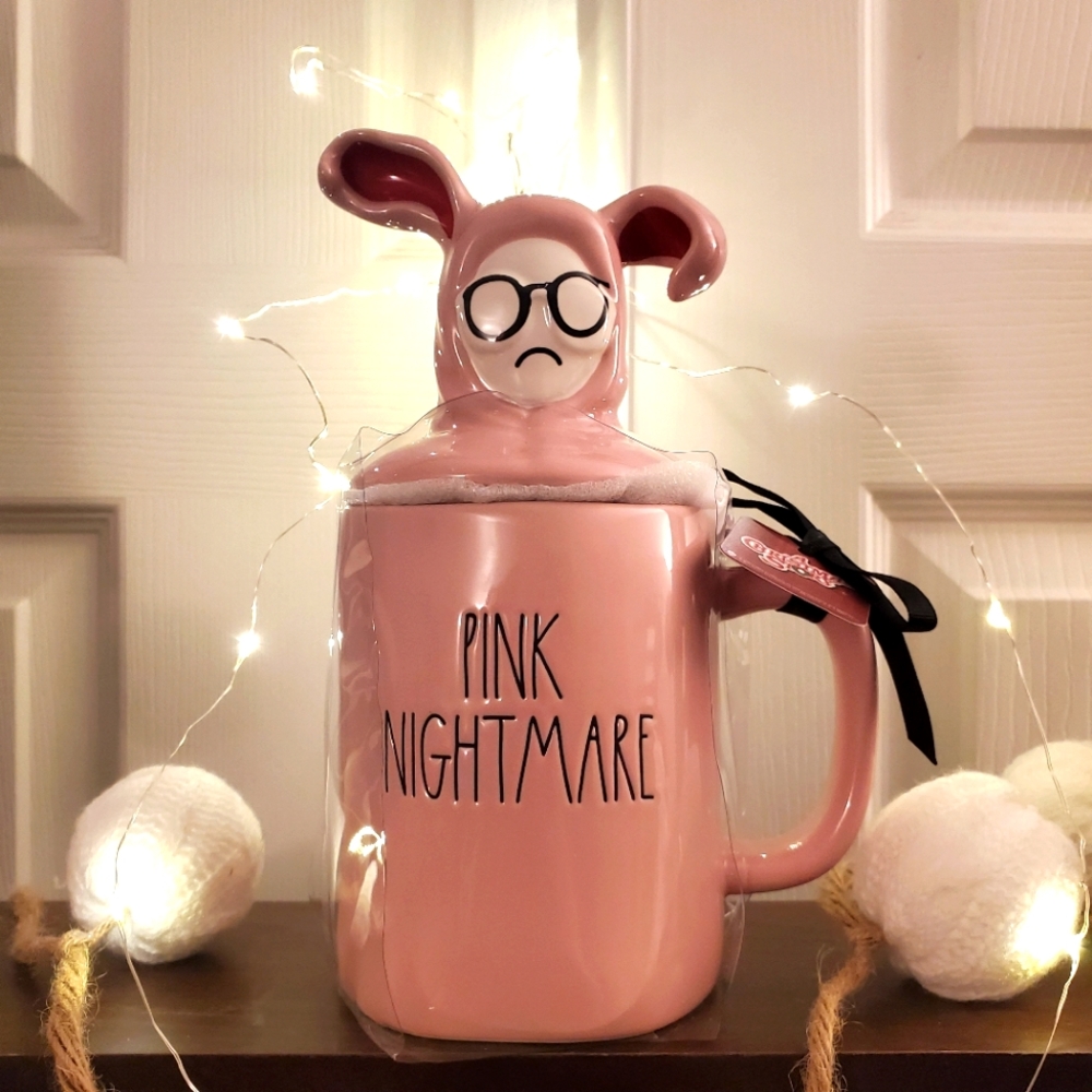 Rae Dunn A Christmas Story PINK NIGHTMARE Mug with Topper BNWT